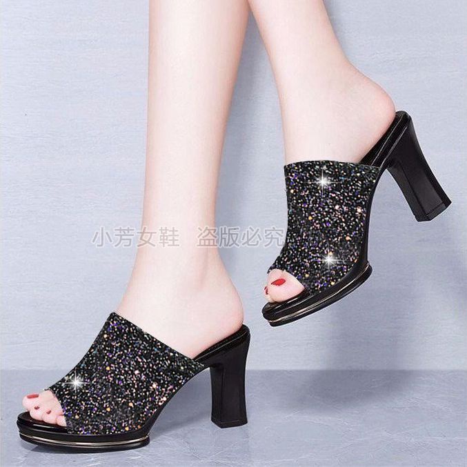 Dép Cao Gót 5CM / 8CM Đế Xuồng Dày Dặn Đính Đá Chống Thấm Nước Thời Trang Mùa Hè Cho Nữ