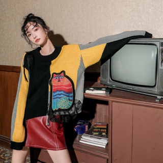 Áo Sweater Dệt Kim Tay Dài Dáng In Hình Mèo Màu Sắc Tương Phản - Áo Len MUOJ