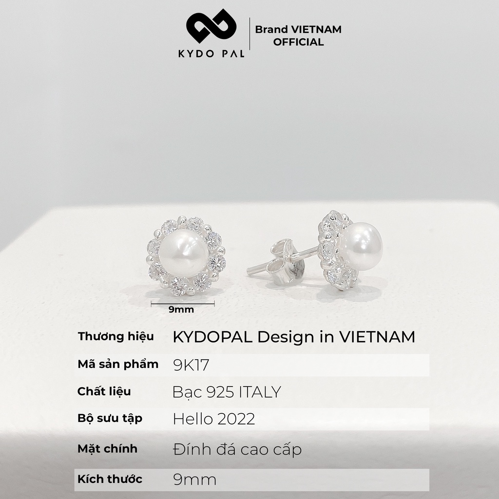 Khuyên tai bạc nữ KYDOPAL nụ trai đính đá bạc ý 925 cao cấp 9K17