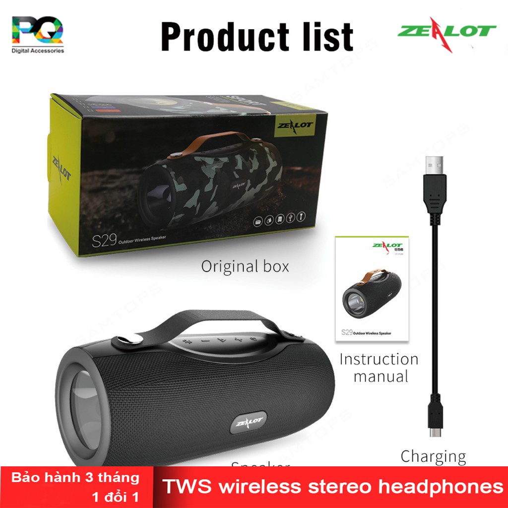 Loa Zealot S29 chính hãng. 2 loa đường kính 55mm. Đèn pin 3 chế độ. Pin 2000 mAh