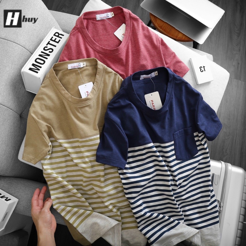 Áo thun nam cổ tròn phối túi, in họa tiết kẻ sọc, vải cotton, form oversize co giãn thoải mái