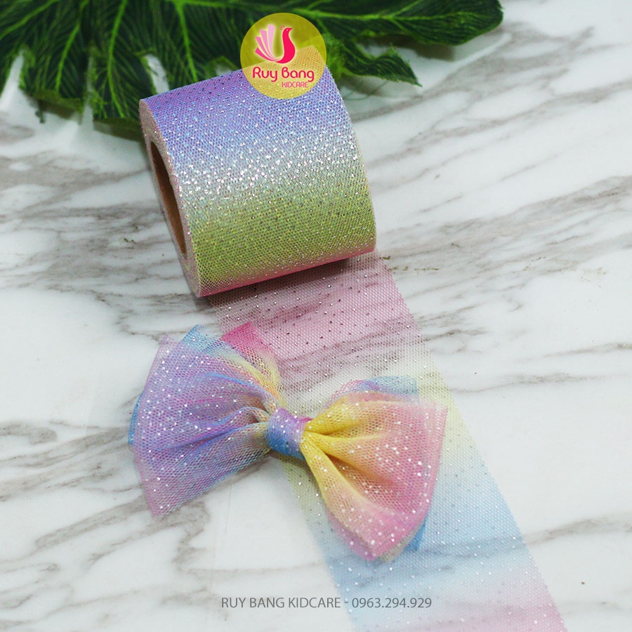 Ruy băng voan lưới phủ nhũ cầu vồng rộng 6cm