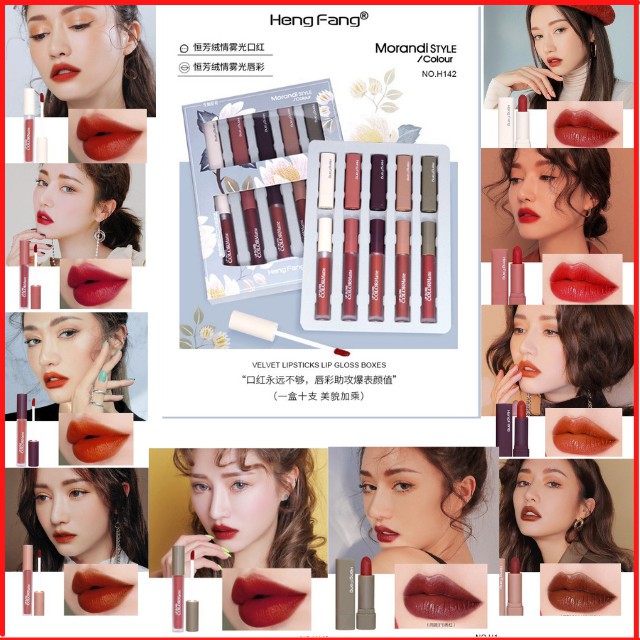 Set Son Lì Morandi Lipgloss Hengfang 10 Cây Gốm 5 Son Kem, 5 Son Thỏi Hàng Nội Địa Trung Chính Hãng Tặng Nước Hoa 4D20ml