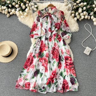 #1154 Đầm tay dài chất voan họa tiết hoa cột dây nơ thanh lịch có size