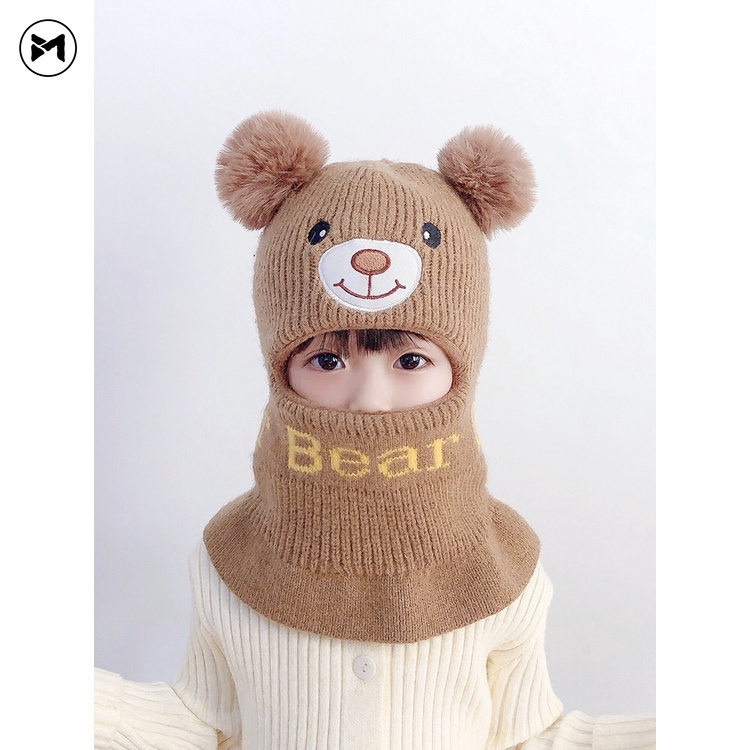 Mũ Len Trùm Tai Chống Gió Hình Gấu Dễ Thương Thời Trang Thu Đông Cho Bé 1-6 Tuổi