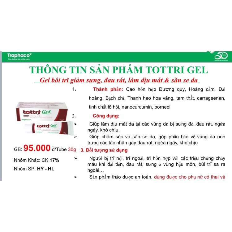 Tottri Gel Traphaco- Gel bôi trĩ Dành cho người bị trĩ nội, ngoại Tube, 30gr