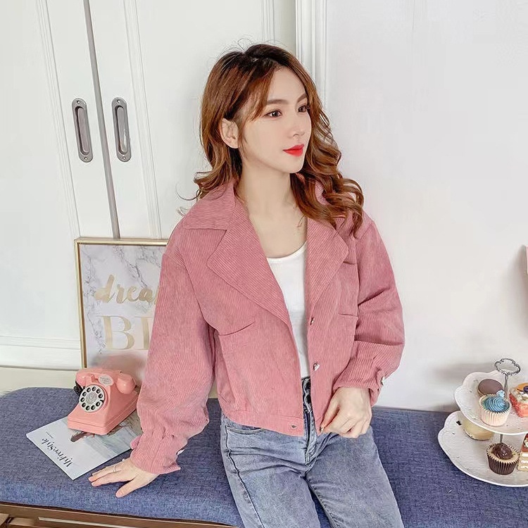 IELGY    Áo Khoác Nhung Kẻ Ngắn Giản Dị Dành Cho Nữ