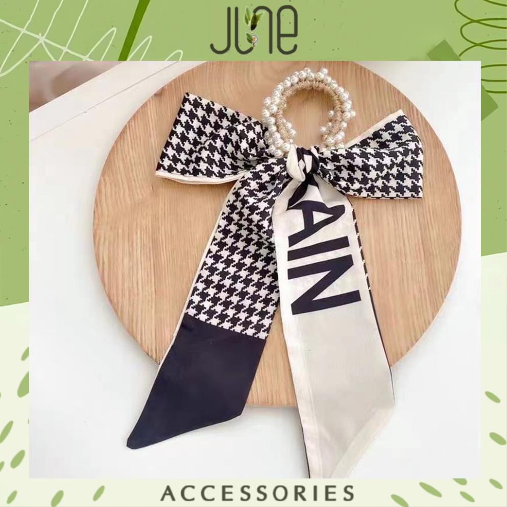 Dây buộc tóc đính nơ lụa vải satin caro thời trang nữ phong cách Hàn Quốc, June accessories