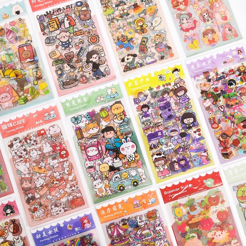 Set Sticker 6 Tấm Sticker PVC Trong Suốt Dễ Thương Trang Trí Sổ Tay, Trang Trí Bullet Journal, Gấu dâu