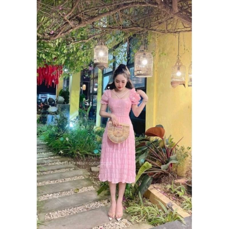 Váy nhăn chun vai cổ vuông tay bồng