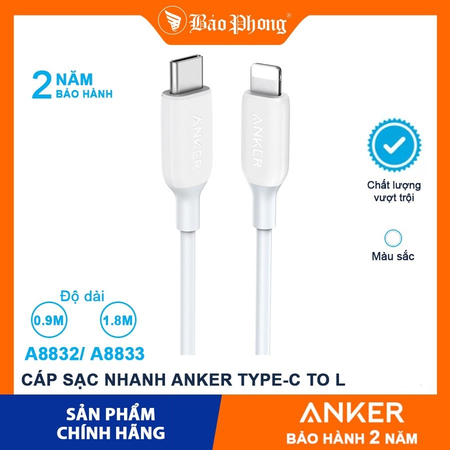 Dây cáp sạc nhanh Anker Type C - L PowerLine III A8832 dài 0.9m và A8833 dài 1.8m dành cho iP