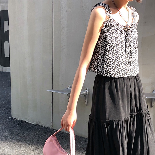 Áo hai dây cổ chữ V in hoa màu trắng đen vải thoáng khí thời trang mùa hè cho nữ