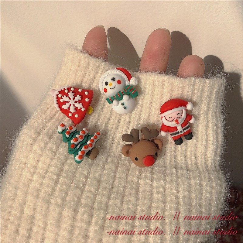 Độc quyền mới giáng sinh đinh tai ~ cute bell Santa Claus đinh tai kẹp tai nhựa nai đinh tai ngọt ngào giáng sinh người tuyết đinh kẹp tai đinh