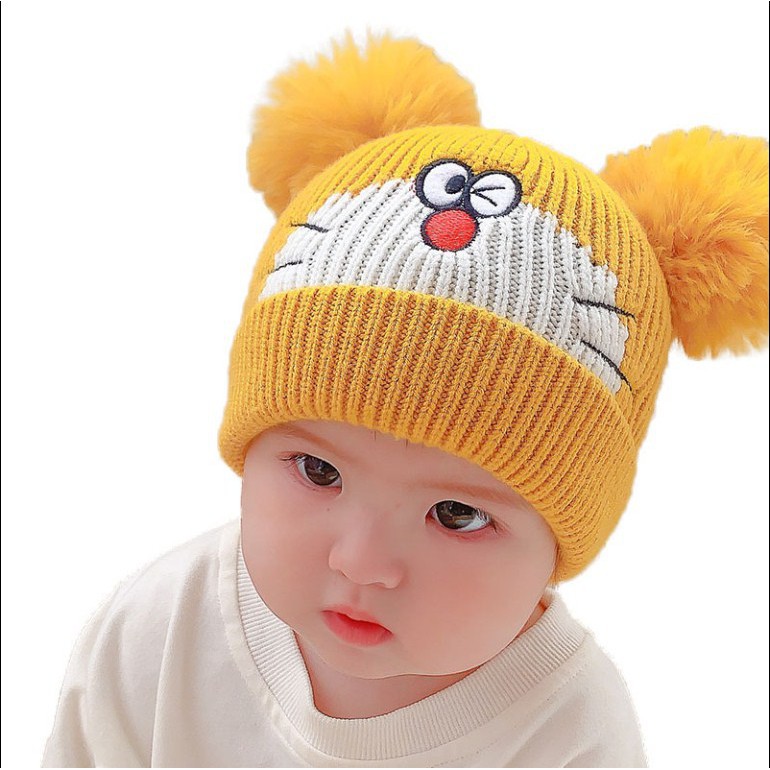Mũ nón len Mèo Doremon đội mùa đông cho bé trai bé gái dưới 1 tuổi có Hai Quả Bông hình Mèo Doremon 2020 - Duonghieu678