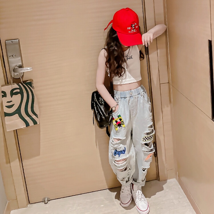 Set Áo Thun Không Tay Kèm Quần Jeans Rách Thời Trang Mùa Hè Cho Bé Gái 170 Độ