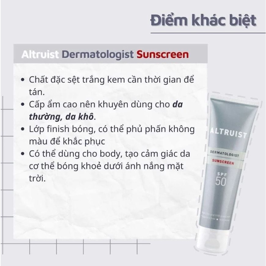 Kem Chống Nắng Cấp Ẩm, Bảo Vệ Da Khỏi Các Tia UVA/UVB Altruist Dermatologist 50ml/100ml/200ml