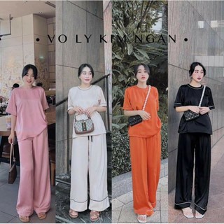 Set bộ lụa kẻ viền quần ống suông
