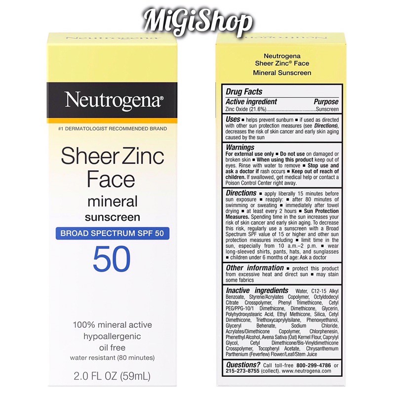 [Hàng Mỹ] Kem Chống Nắng Cho Da Mặt Neutrogena Sheer Zinc Face Mineral Sunscreen SPF50 59ml