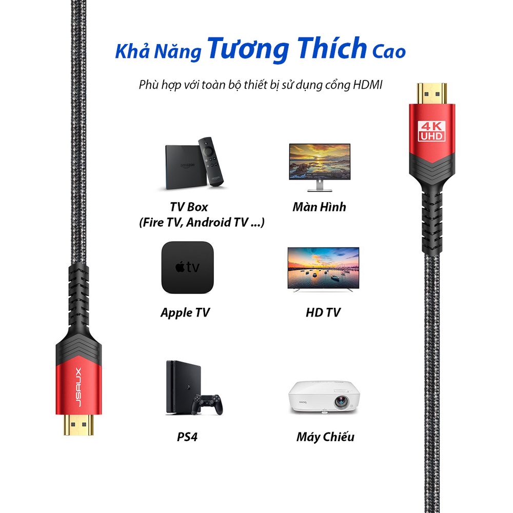 Cáp HDMI 2.0 JSAUX 4K 60Hz Đầu Nối Mạ Vàng Chống Nhiễu - Tương Thích Với Tất Cả Cổng Kết Nối HDMI - Cáp Nối Dài