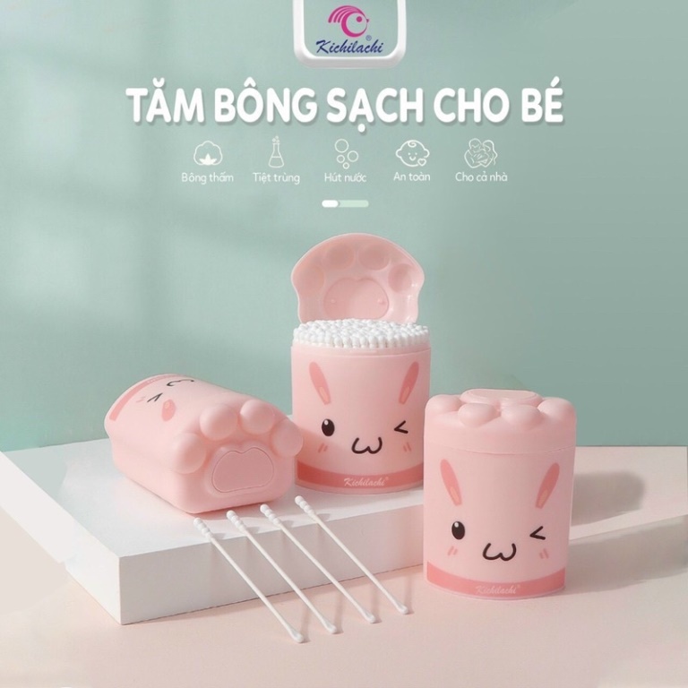 Heo hồng - Hộp 200 que tăm bông vệ sinh cho bé Kichi - 2 đầu đa chức năng cho Bé sơ sinh Kichilachi