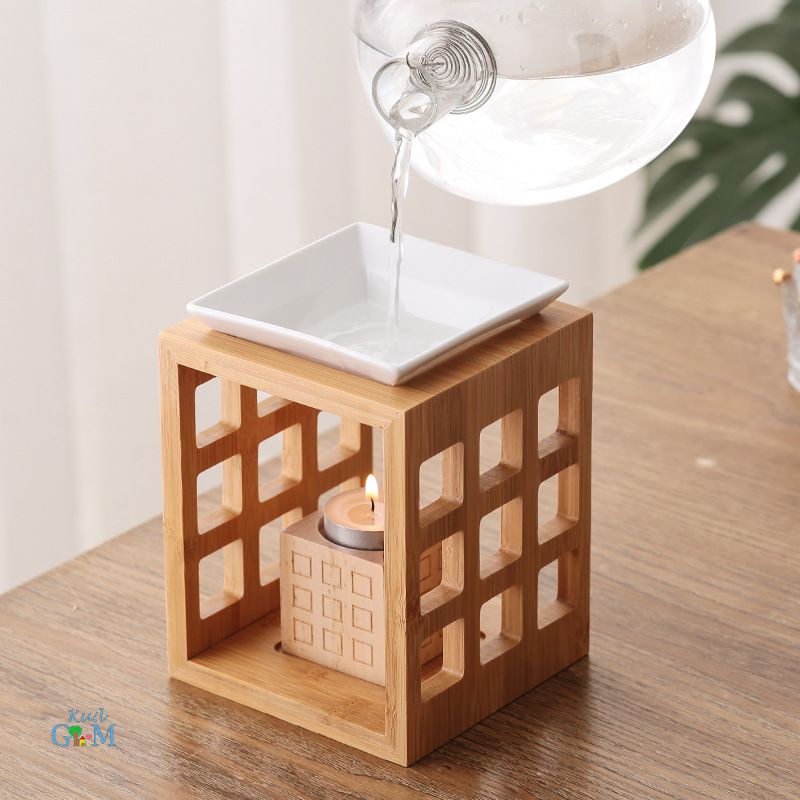 Đèn tre xông đốt tinh dầu khung ô vuông kiểu dáng độc đáo dung tích 150ml- sử dụng nến