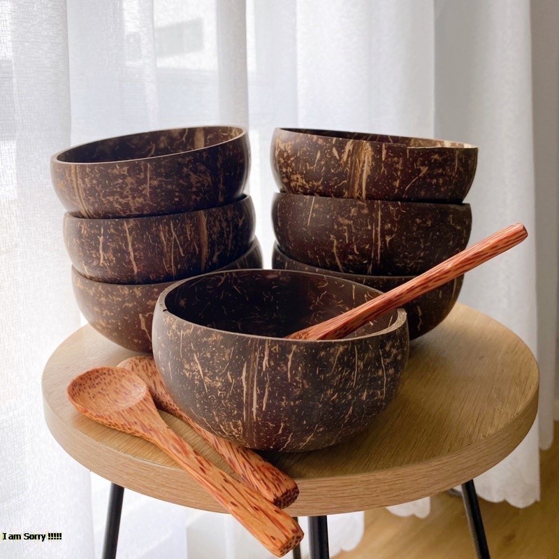 Combo Chén/ Bát gáo dừa + Muỗng gỗ dừa Loại size lớn 13 - 15cm  ăn kiêng, giảm cân