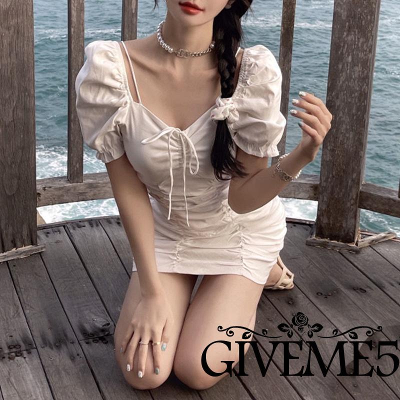 Đầm Mini Tay Phồng Màu Trơn Phối Dây Rút Thời Trang Mùa Hè Quyến Rũ Cho Nữ