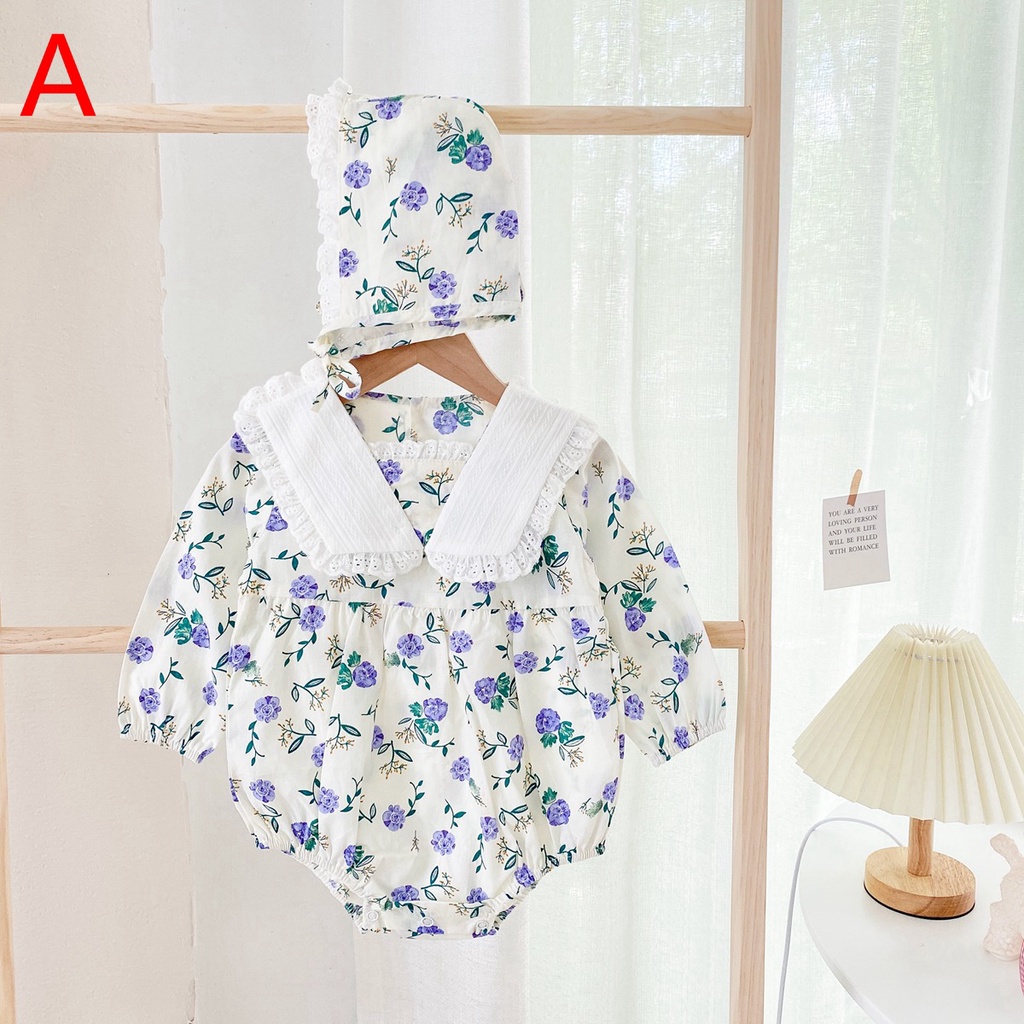 Áo liền quần SANLUTOZ tay dài in hoa kèm mũ thời trang mùa thu xinh xắn cho bé gái