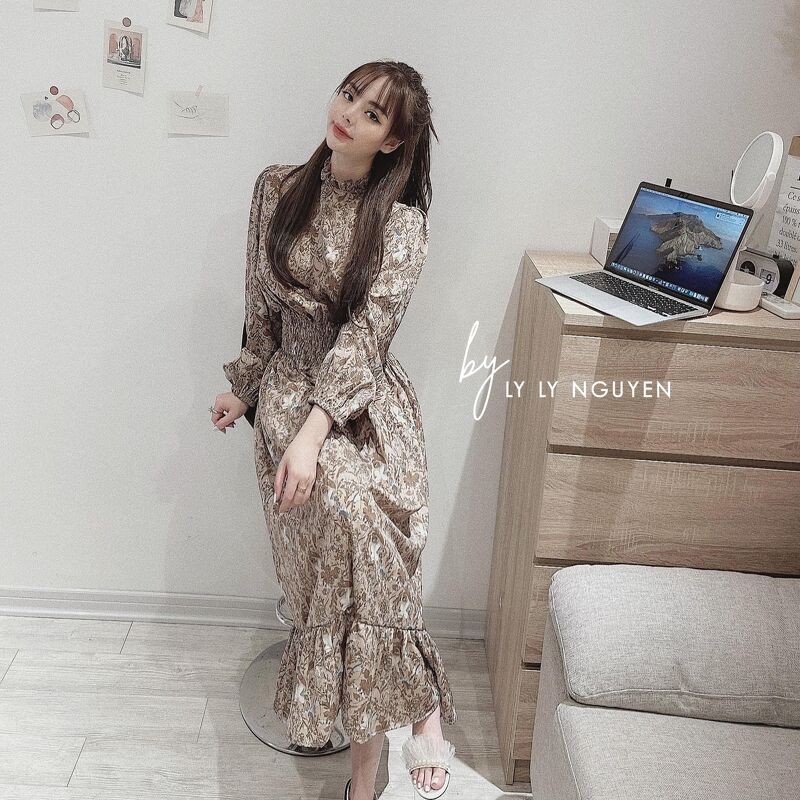 [Mã WASTXINH giảm 10% tối đa 15K đơn 99K] Váy hoa rúm eo cổ tròn vintage