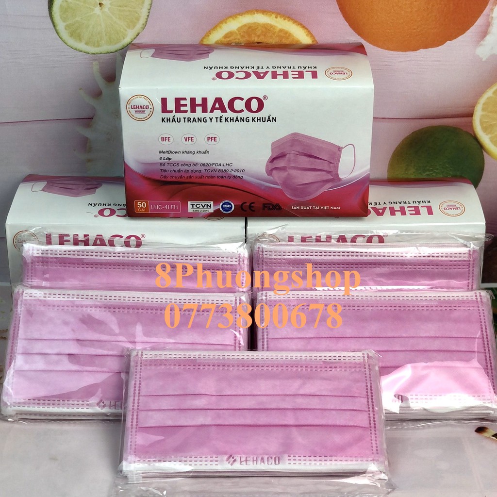 Khẩu trang Màu Hồng Lehaco 4 lớp kháng khuẩn 50 cái/ hộp - Khẩu trang y tế Lehaco