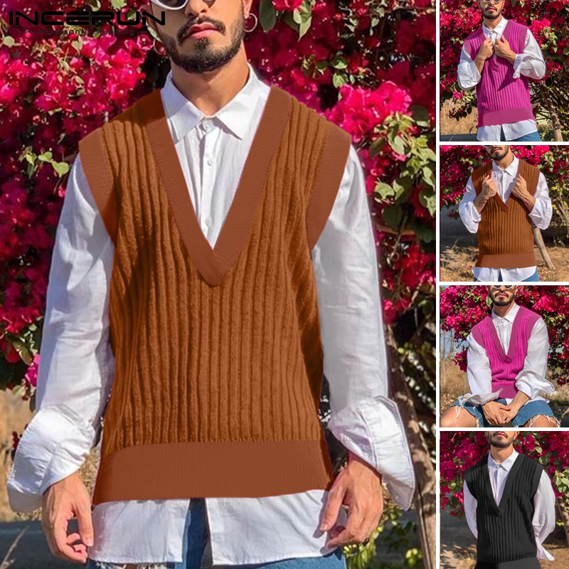 Áo sweater INCERUN không tay cổ chữ V dáng ôm thời trang dành cho nam