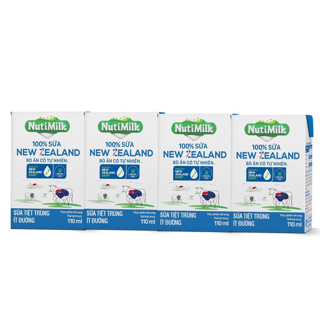 Lốc 4 Hộp Sữa Tươi Tiệt Trùng Nutimilk New Zealand Bò Ăn Cỏ Tự Nhiên Ít Đường Hộp 110ml
