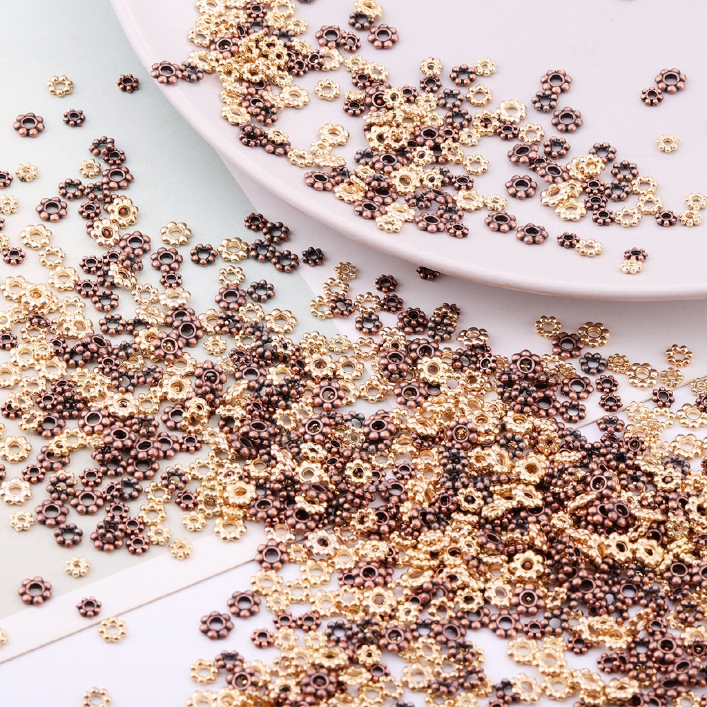 200 hạt cườm hình hoa cúc kim loại bạc Tây Tạng 4mm 5mm 6mm lỗ 2mm làm trang sức