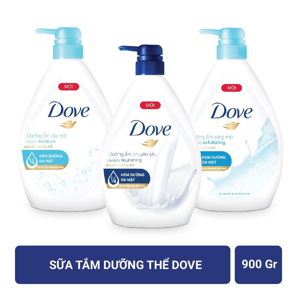 Combo dưỡng ẩm toàn diện DOVE Sữa tắm dưỡng thể 900g/chai và Sữa rửa mặt 130g/chai