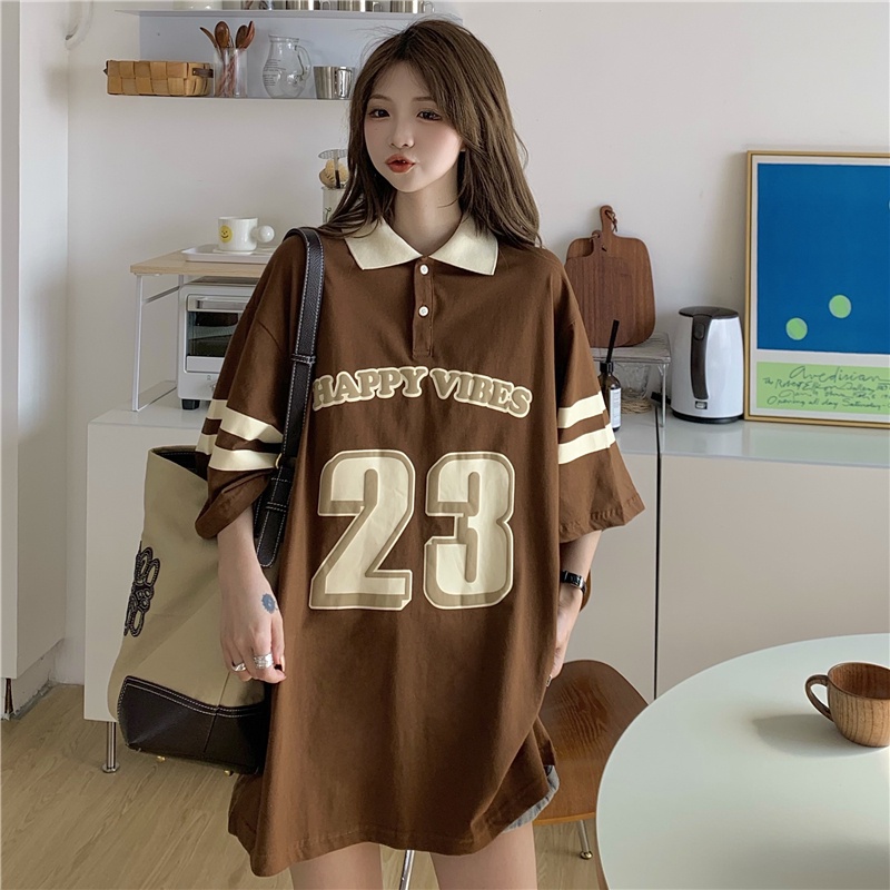 Áo polo Tay Ngắn Dáng Rộng Họa Tiết Kẻ Sọc In Chữ Phong Cách Hàn Quốc Thời Trang Cho Nữ