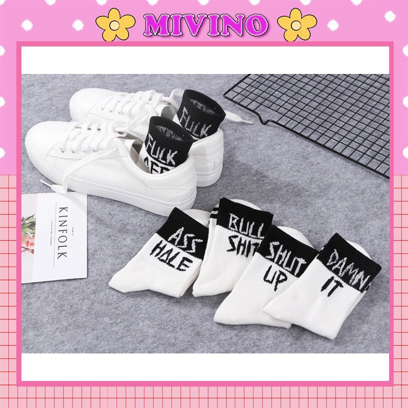 Set 5 đôi tất hàn quốc Mivino tất cổ cao đen trắng in hình cực cá tính TN39