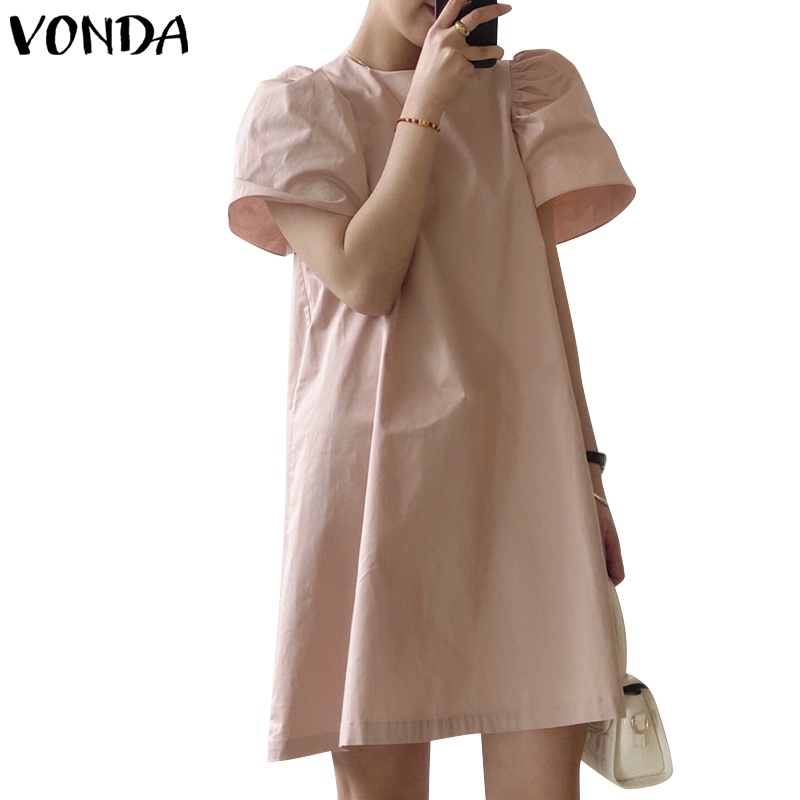 Đầm Vonda tay ngắn cổ tròn màu trơn phong cách Hàn Quốc thời trang mùa hè trẻ trung cho nữ