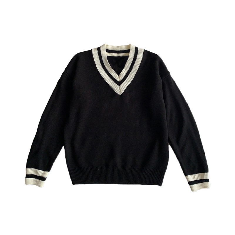 Áo len unisex cổ V mix sọc 2 màu đen - trắng