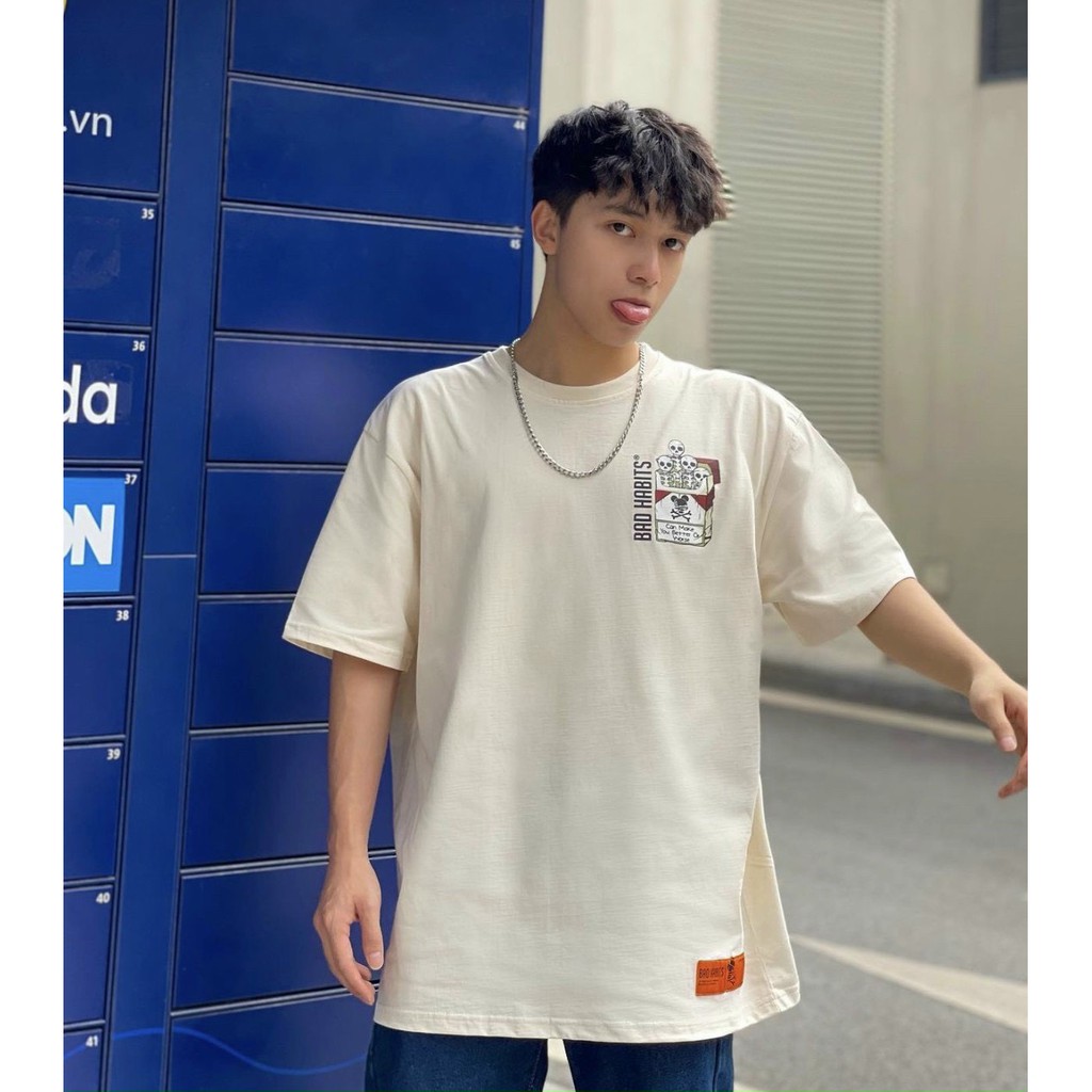 Áo thun Xương TOBACCO Unisex Nam Nữ Form Rộng Tay Lở Màu Kem