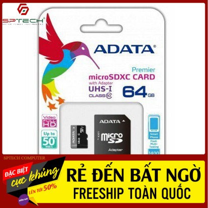 Thẻ nhớ SD 64GB 💎𝓕𝓡𝓔𝓔𝓢𝓗𝓘𝓟💎 Micro SD Adata 64Gb Class 10 Box-CH (BH 24 Tháng) SPTECH COMPUTER