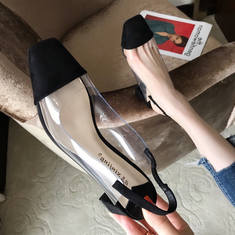 DÉP SANDAL CAO GÓT BÍT MŨI PHỐI TRONG MŨI VUÔNG GÓT VUÔNG 7P HOT TREND
