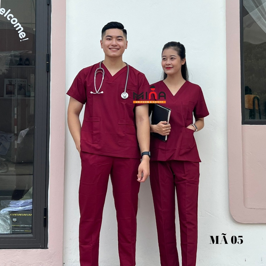 Bộ scrubs bác sĩ, quần áo y tế phẫu thuật - Màu Đỏ đô VẢI CAO CẤP (Có hình ảnh thực tế)