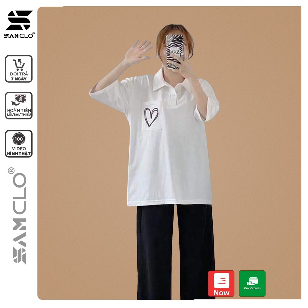 Áo thun Polo tay lỡ SAM CLO có cổ form rộng phông freesize dáng unisex mặc cặp, nhóm, lớp, đi học in hình TRÁI TIM