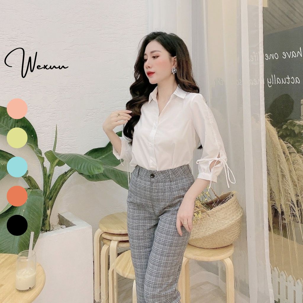 Áo sơ mi trắng nữ tay lỡ Wexuu Design áo kiểu cách điệu thắt thơ tay chất liệu mềm mát chống nhăn- SM149K3
