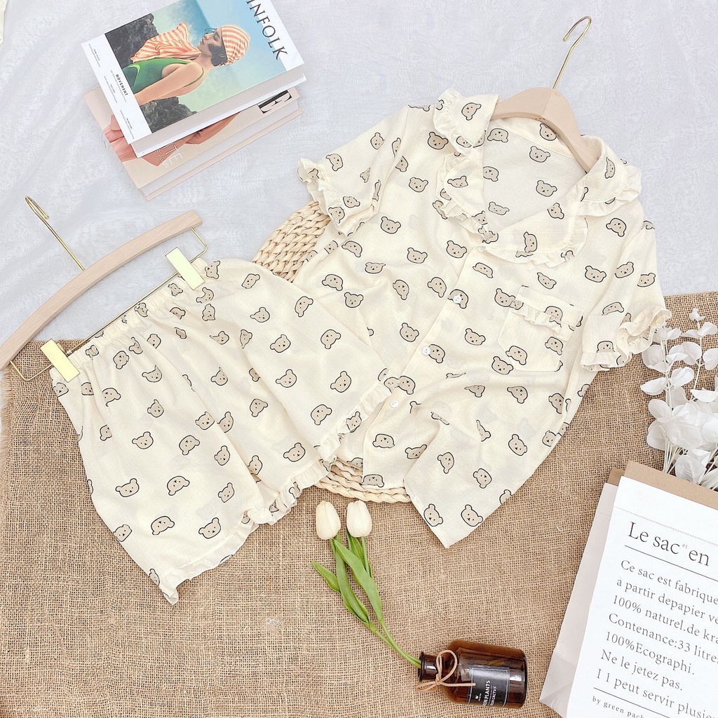 Bộ Đồ Ngủ Nữ Pijama Mặc Nhà Cộc Tay Cổ Bèo Chất Vải Đũi Hàn Họa Tiết Dễ Thương Set Áo Cộc Quần Đùi