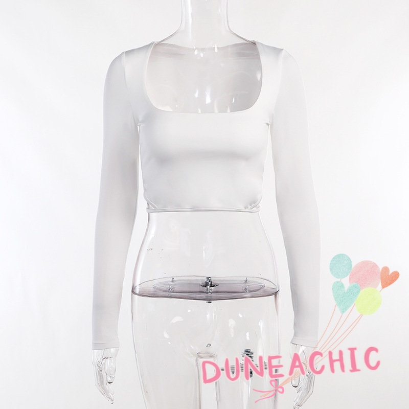 DUNEA Áo Croptop Tay Dài Cổ Vuông Màu Trơn Thời Trang Cho Nữ