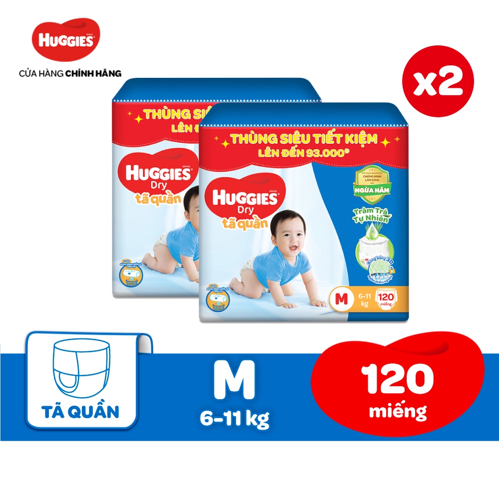 Combo 2 Thùng Tã quần Huggies Tràm Trà Tự Nhiên Dry Pants Mega Jumbo M120