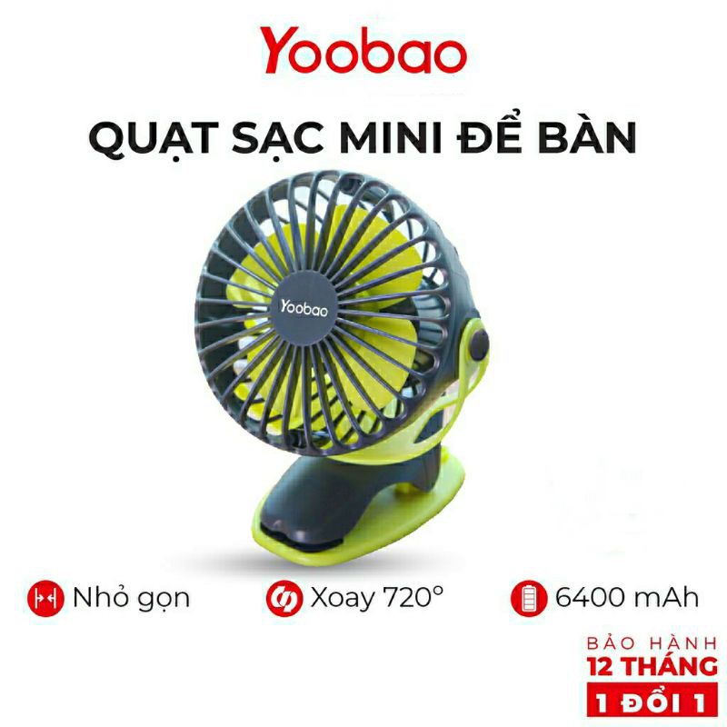 Quạt mini để bàn tích điện Yoobao 6400mAh chân kẹp, xoay góc 720 độ, kẹp xe đẩy, 32 tiếng