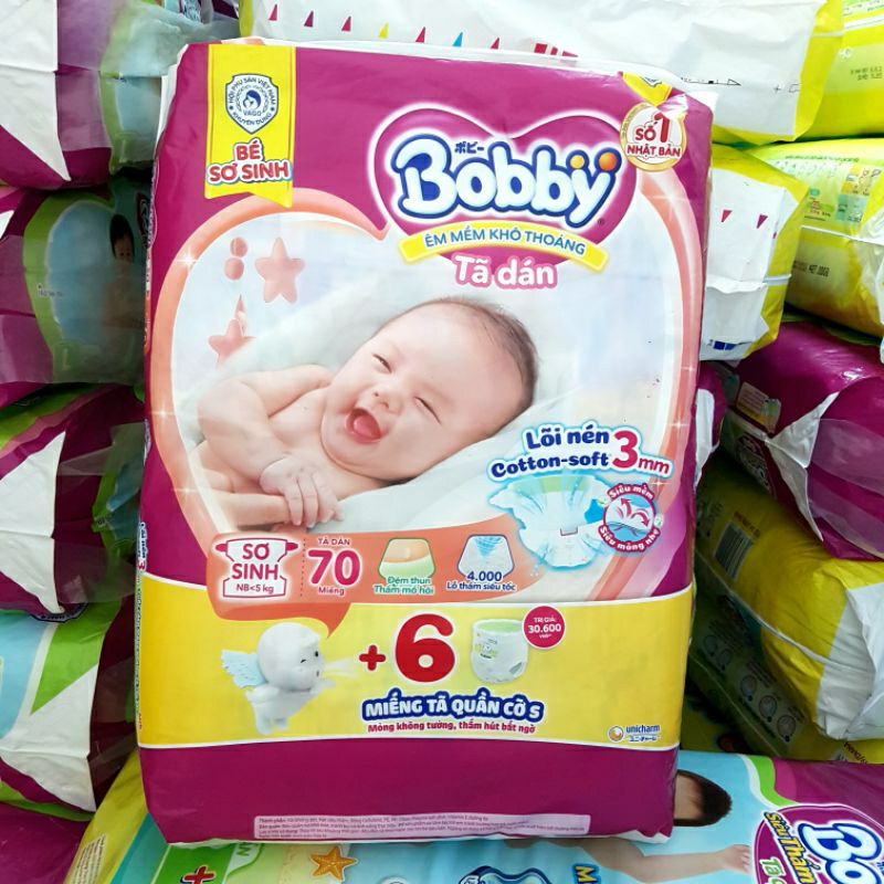 《HCM》Tã / bỉm dán sơ sinh dành cho bé dưới 5kg 👉Bobby XS70 + 6  💥 Huggies NB70 + 6