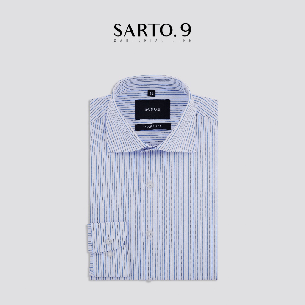 Sơ mi nam, trắng, kẻ dọc xanh, cổ widespread, Sarto9 vải Cotton thoáng mát